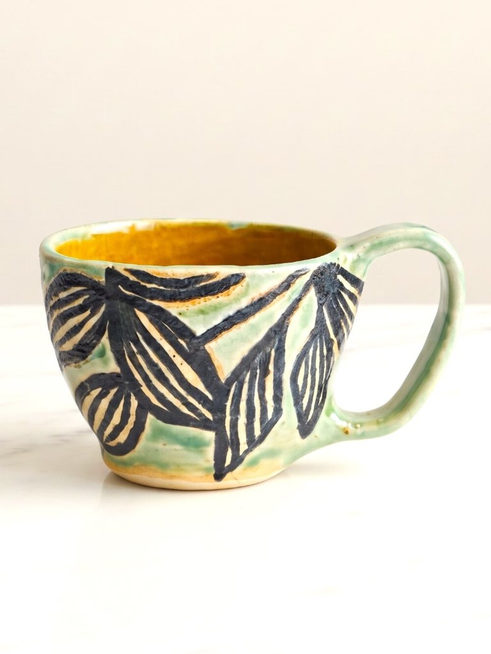 Handmade Signed Studio Art Pottery Mug Green Black Botanical Leaf Design 2.5"